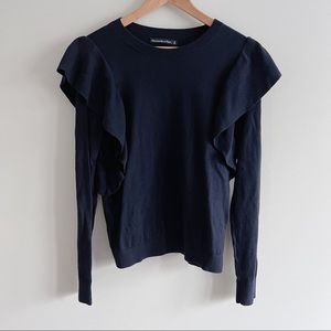 A&F｜Long Sleeve Crew Neck Sweater with Ruffle Shoulder in Navy Sz S